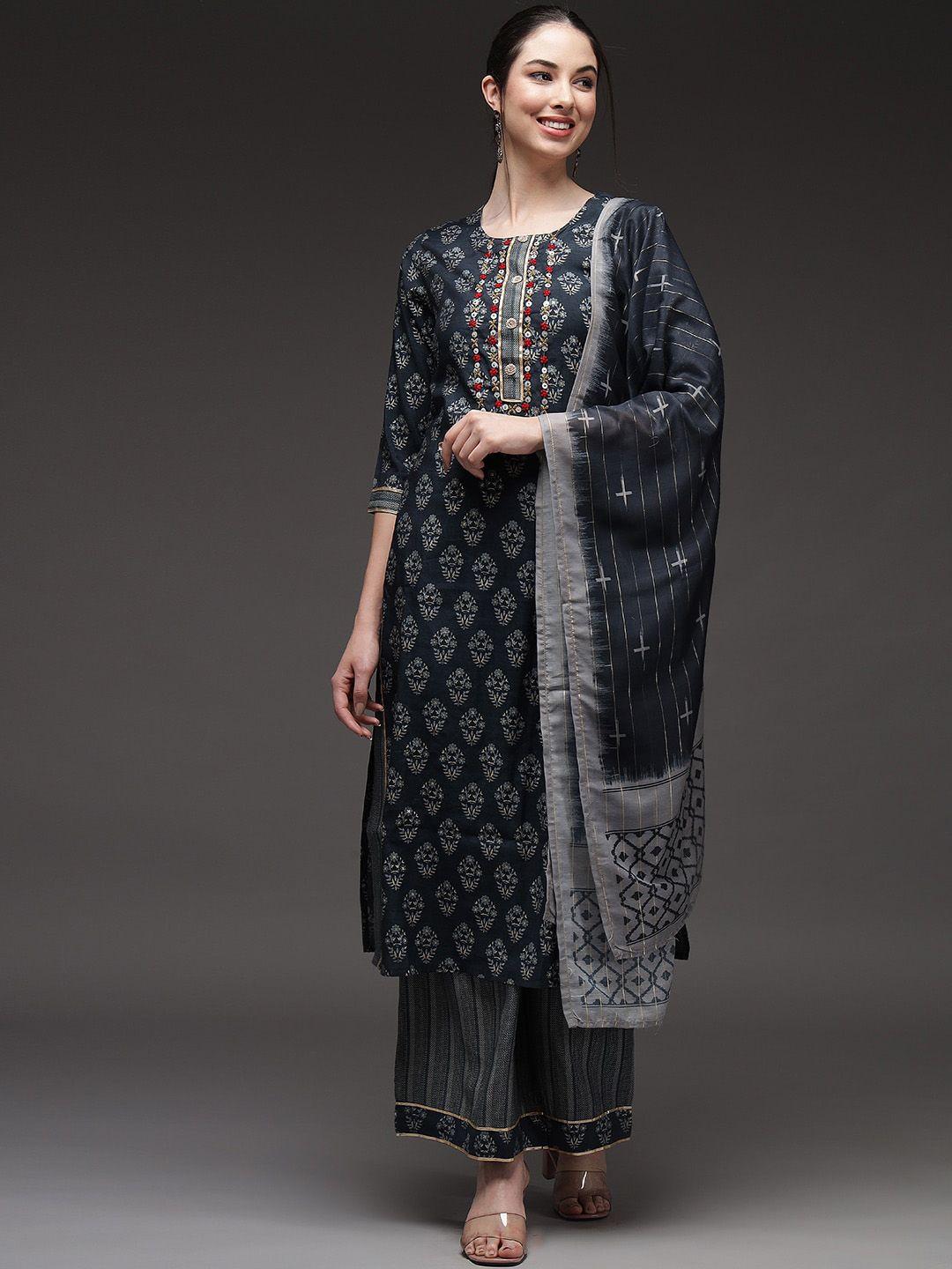 nehamta women blue ethnic motifs yoke design layered sequinned kurta with palazzos & with dupatta