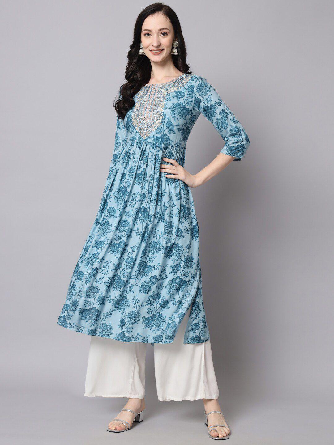 nehamta women blue printed floral anarkali kurta