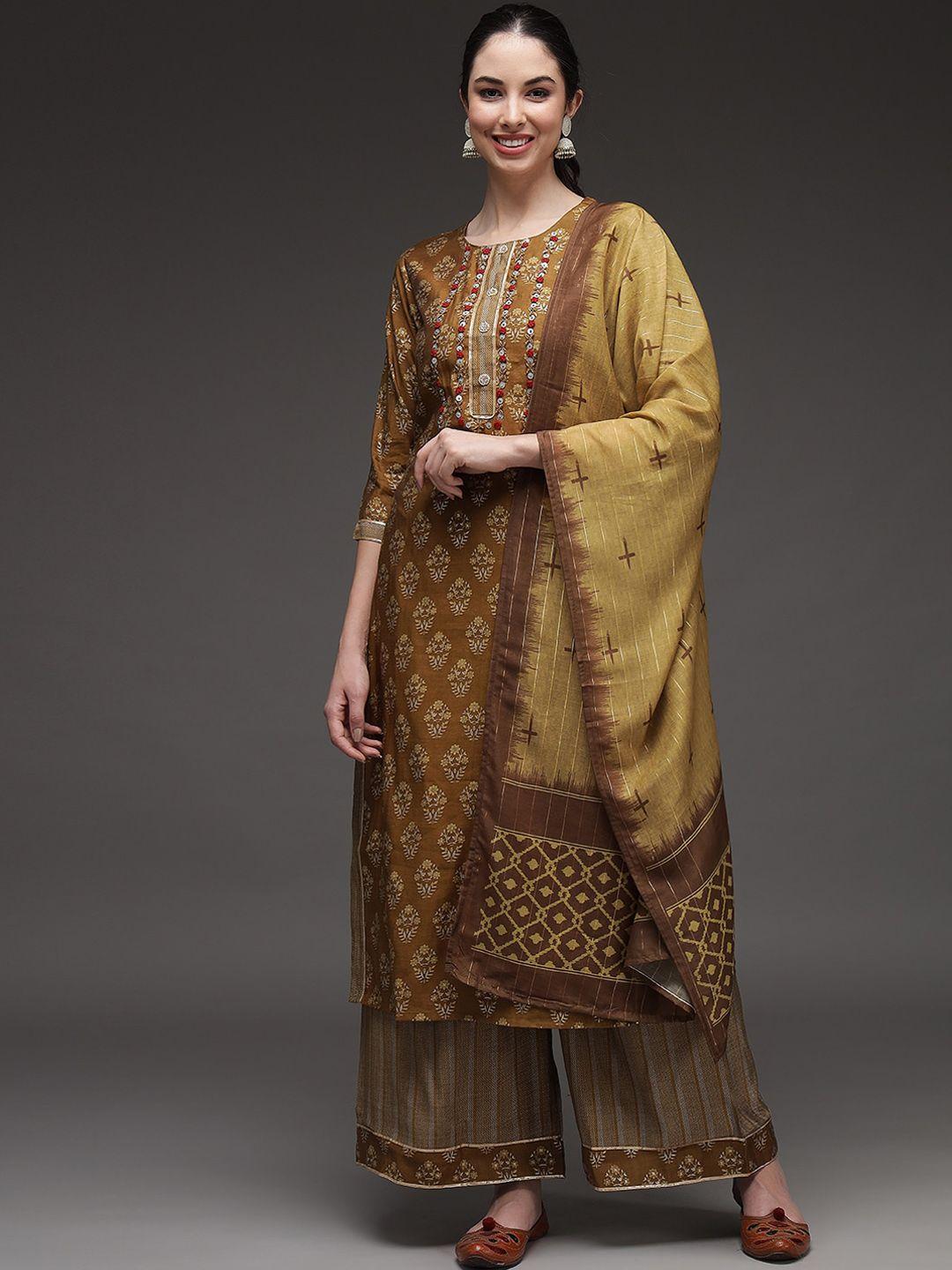 nehamta women brown ethnic motifs sequinned kurta with sharara & dupatta