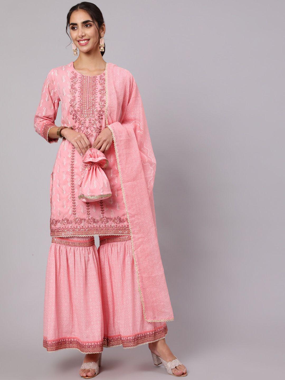 nehamta women ethnic motifs embroidered sequinned pure cotton kurta with sharara & dupatta