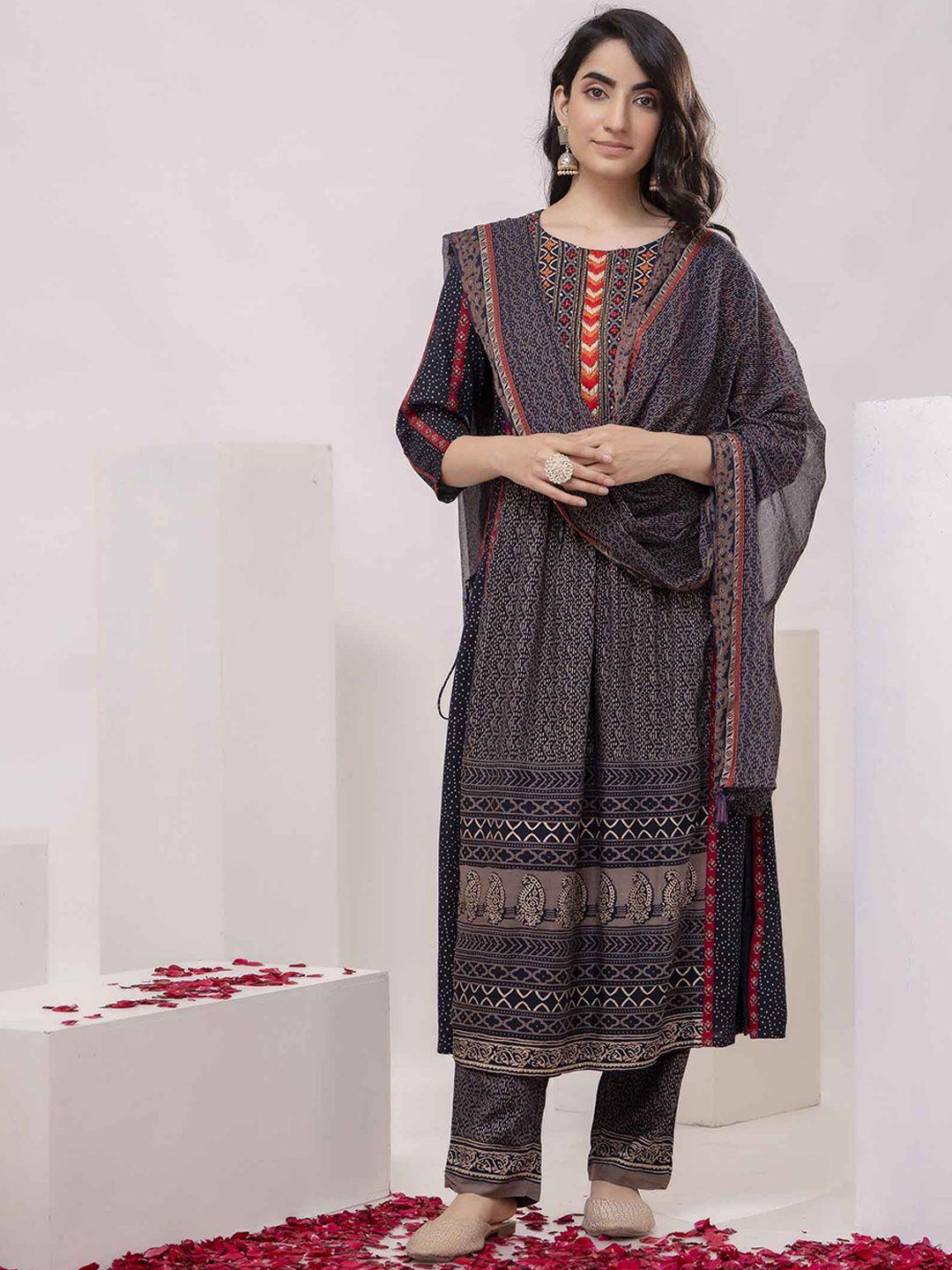 nehamta women ethnic motifs printed empire kantha work kurta with trousers & with dupatta