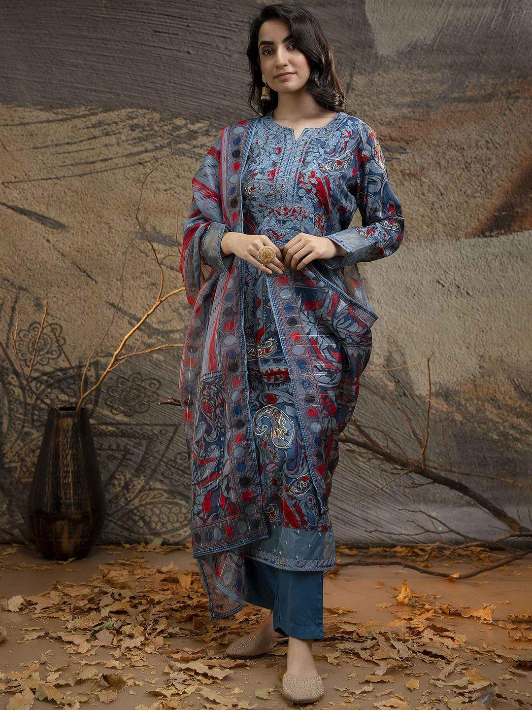 nehamta women ethnic motifs printed regular sequinned kurta with trousers & with dupatta