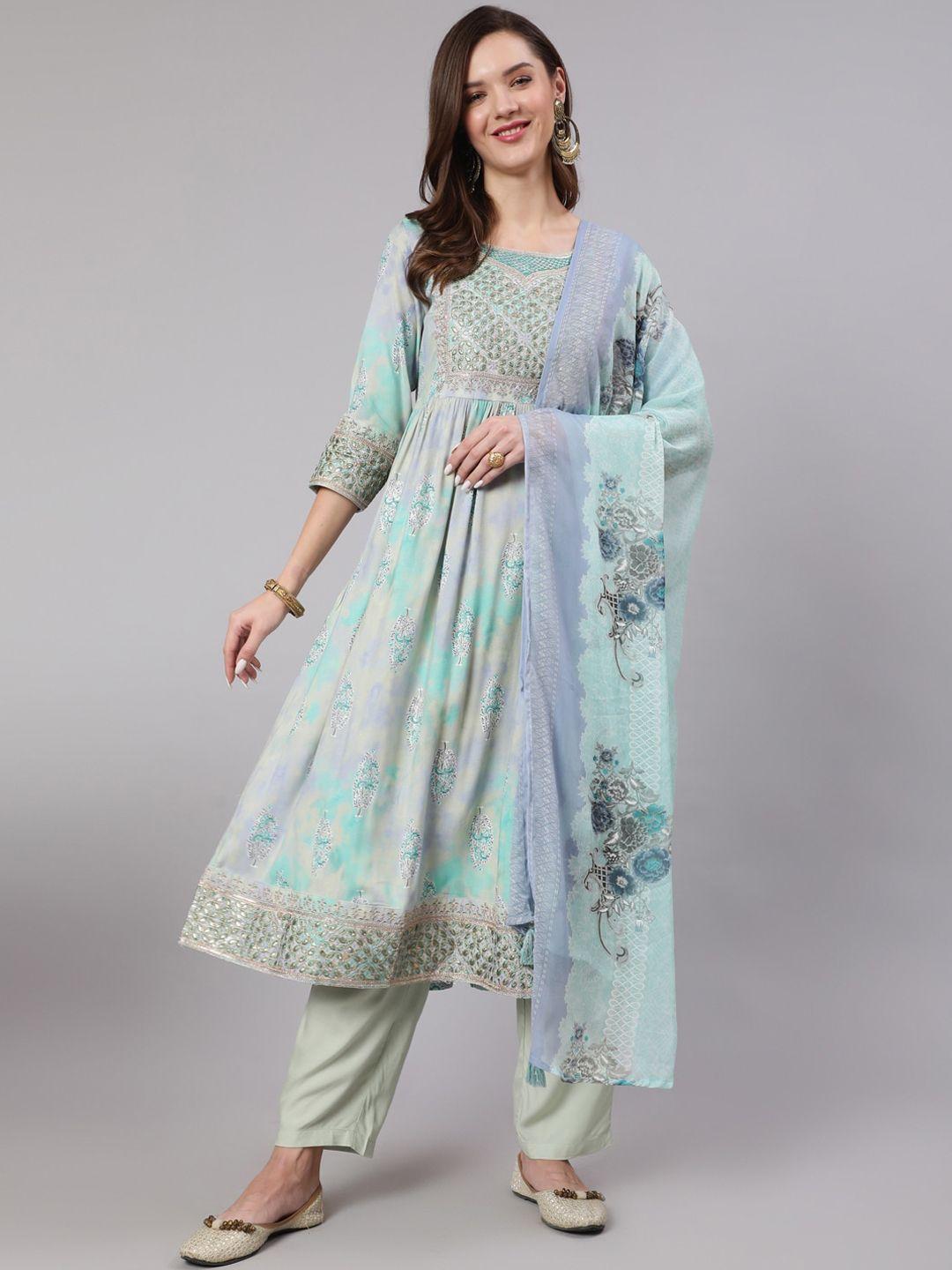 nehamta women floral printed thread work kurta with trousers & with dupatta