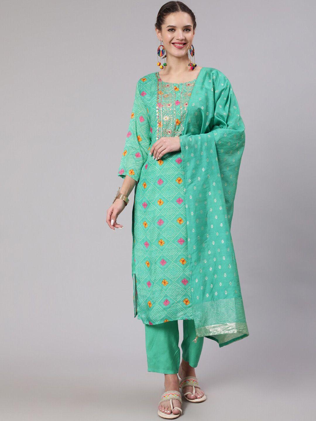 nehamta women green bandhani dyed sequinned kurta with trousers & with dupatta
