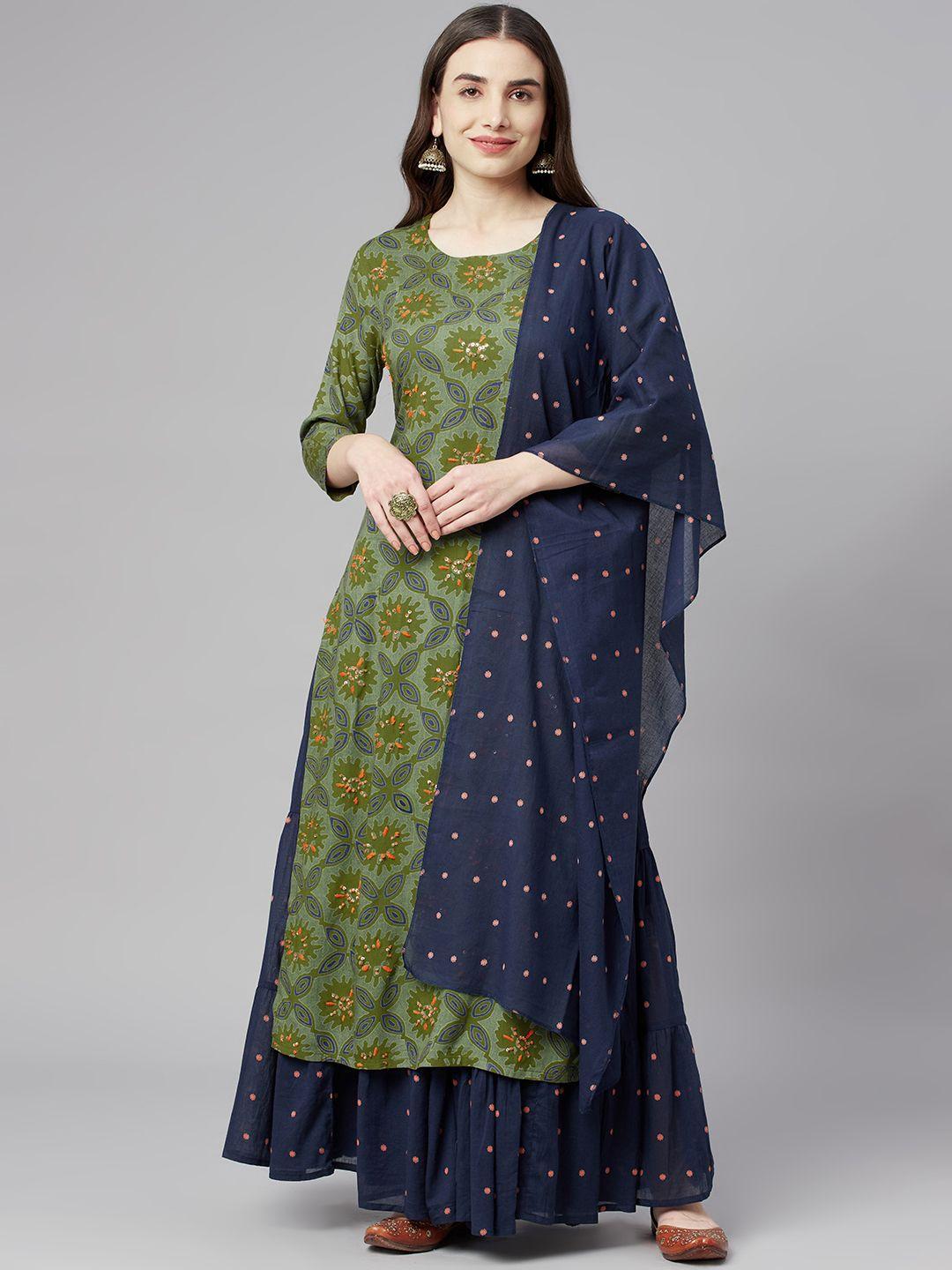 nehamta women green ethnic motifs printed sequined kurta with skirt