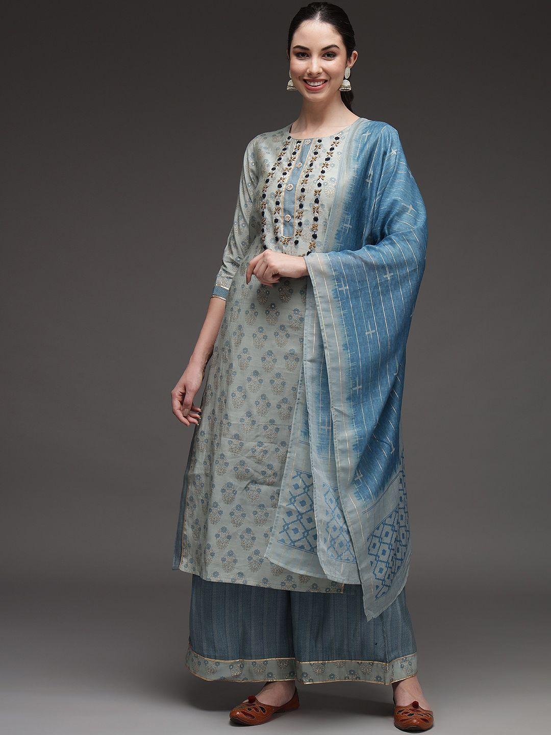 nehamta women grey floral printed beads and stones kurti with palazzos & with dupatta