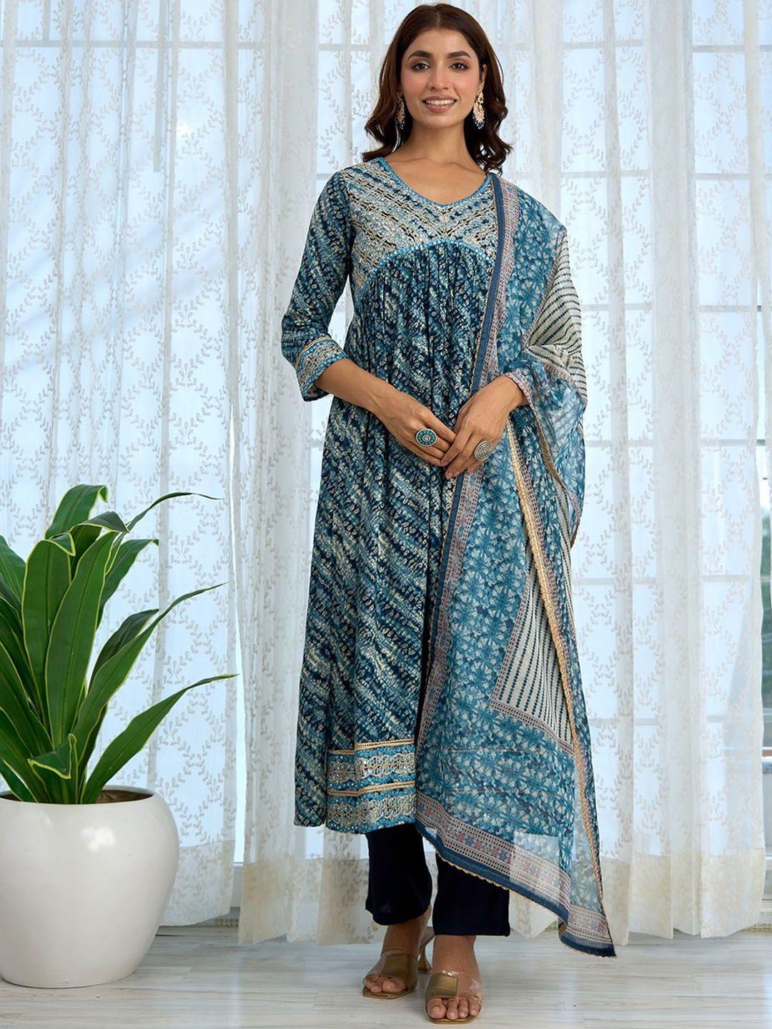 nehamta women navy blue ethnic motifs printed empire mirror work kurta with trousers & with dupatta