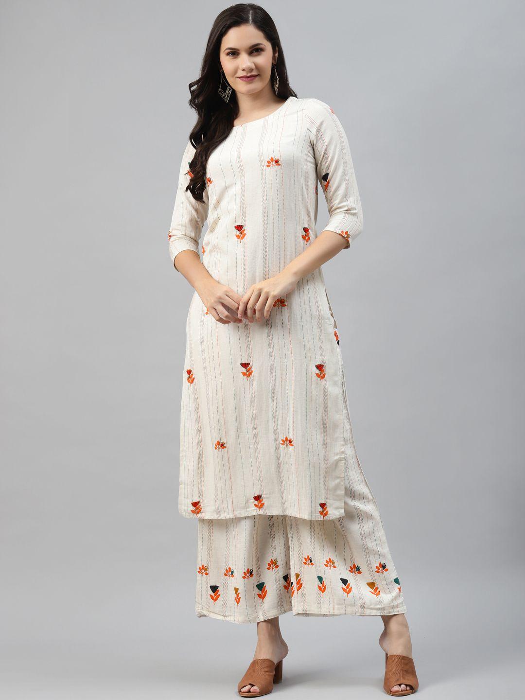 nehamta women off white & orange pin striped thread work straight kurta with palazzos