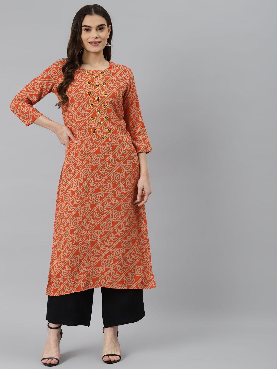 nehamta women orange & beige bandhani printed kurta