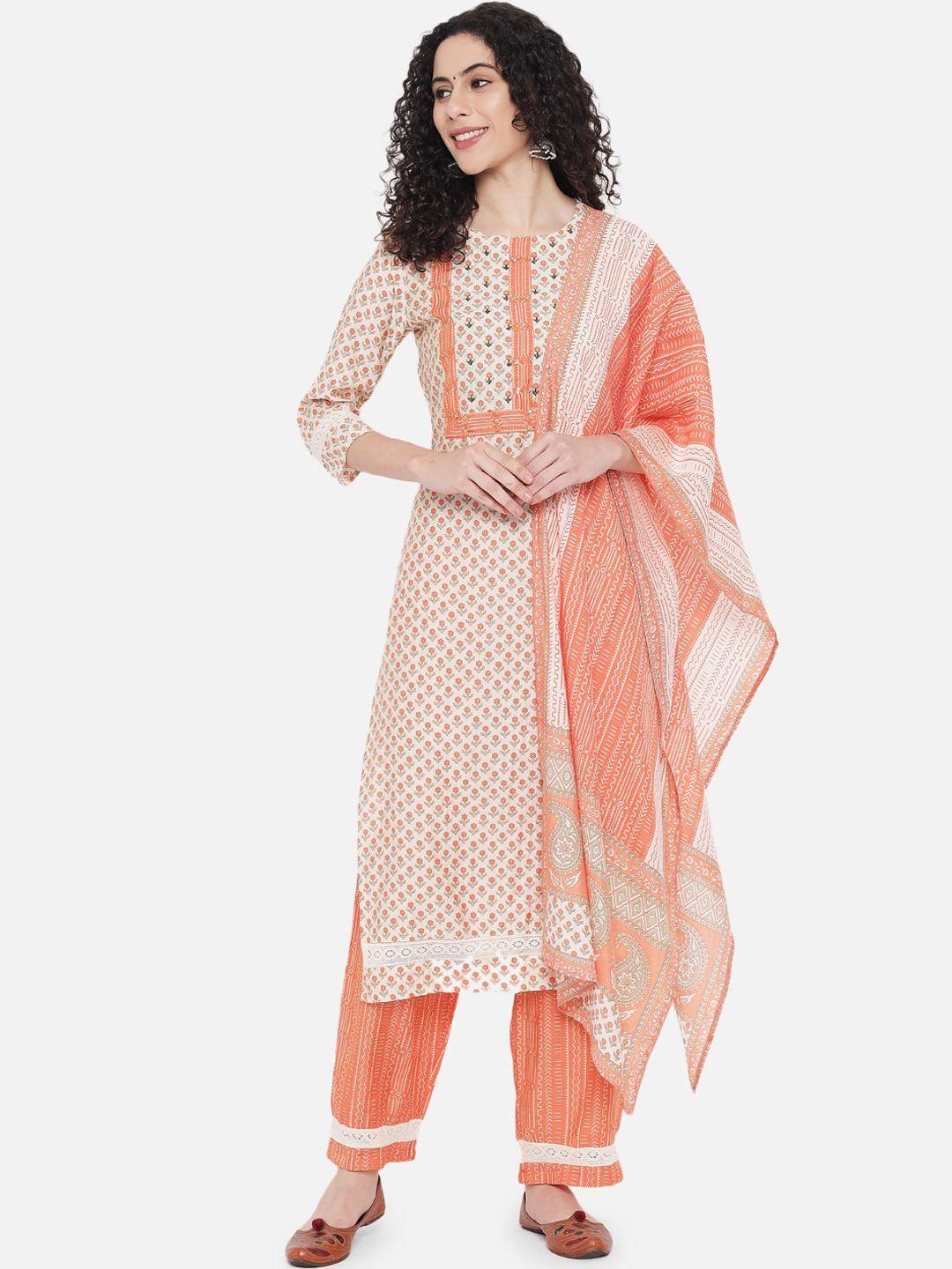 nehamta women peach-coloured floral printed chanderi cotton kurta with palazzos & with dupatta