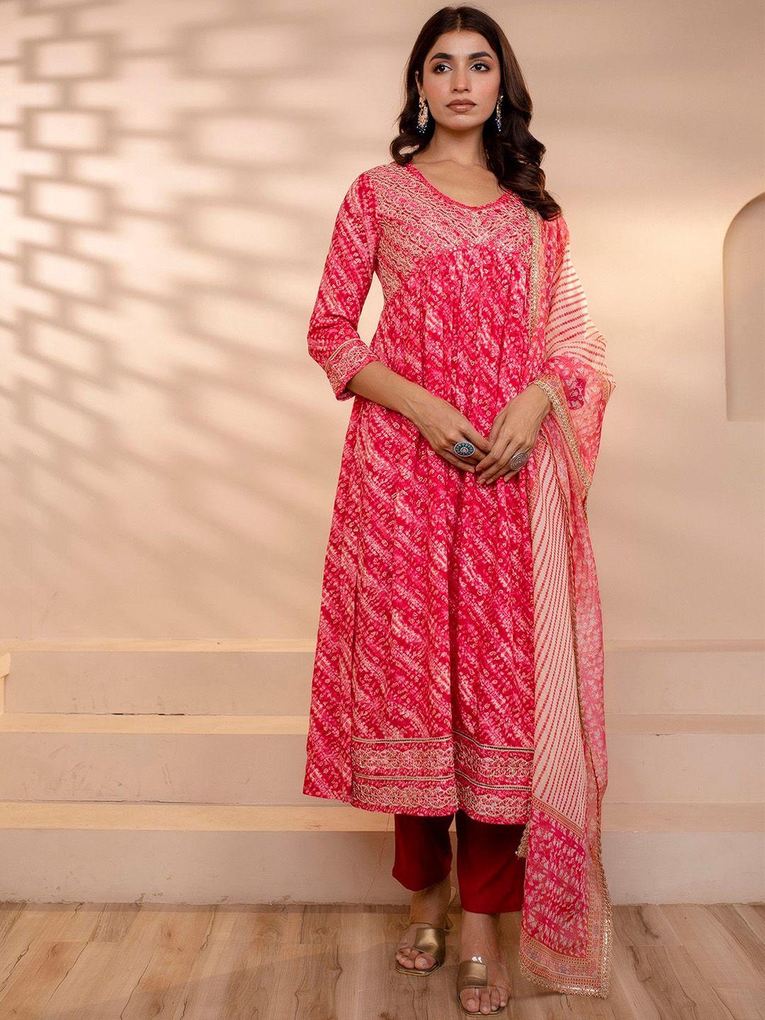 nehamta women pink ethnic motifs printed empire mirror work kurta with trousers & with dupatta