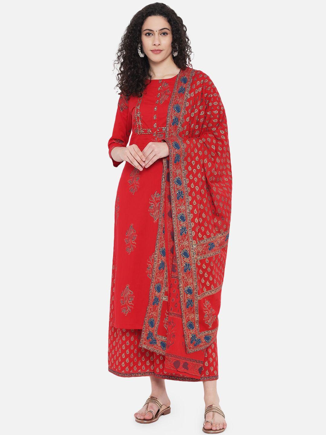 nehamta women red ethnic motifs printed pure cotton kurta with palazzos & with dupatta