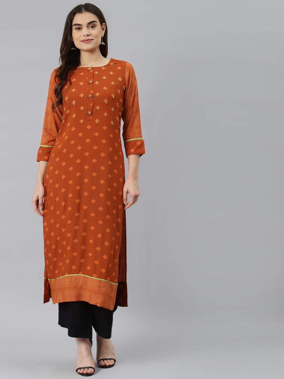 nehamta women rust brown & orange ethnic motifs printed kurta