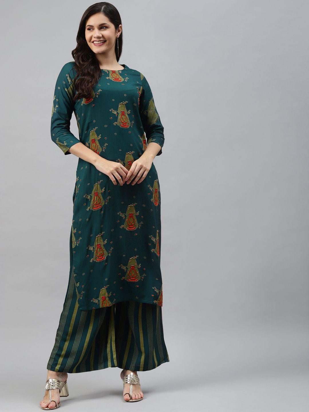 nehamta women teal blue & olive green ethnic print bead & stones straight kurta & palazzos