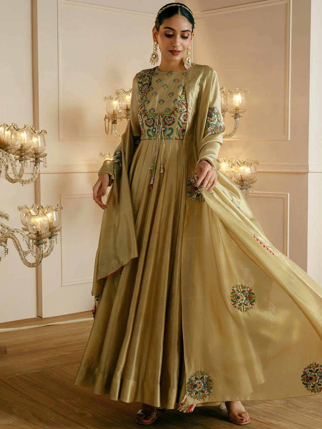 nehha nhata floral embroidered round neck silk fit & flare ethnic dress with dupatta