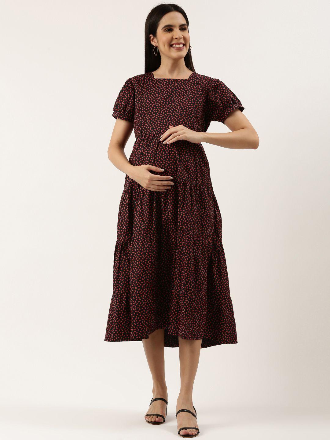 nejo abstract printed puff sleeve maternity a-line midi dress