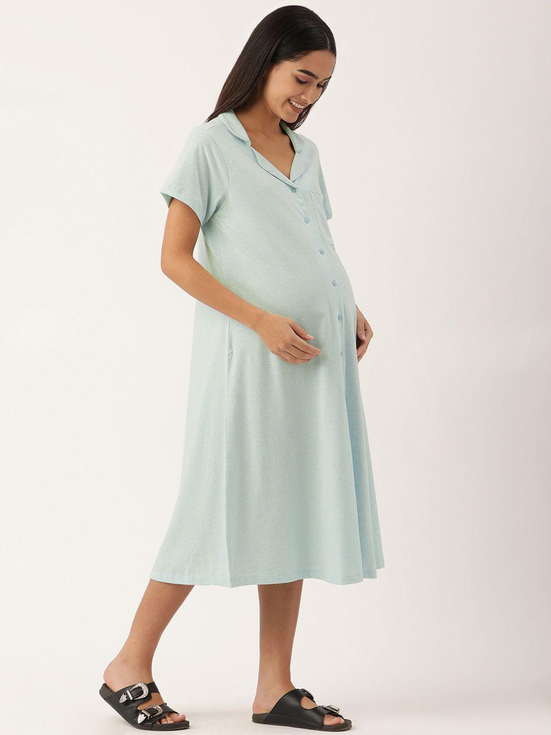 nejo blue pure cotton solid maternity shirt dress