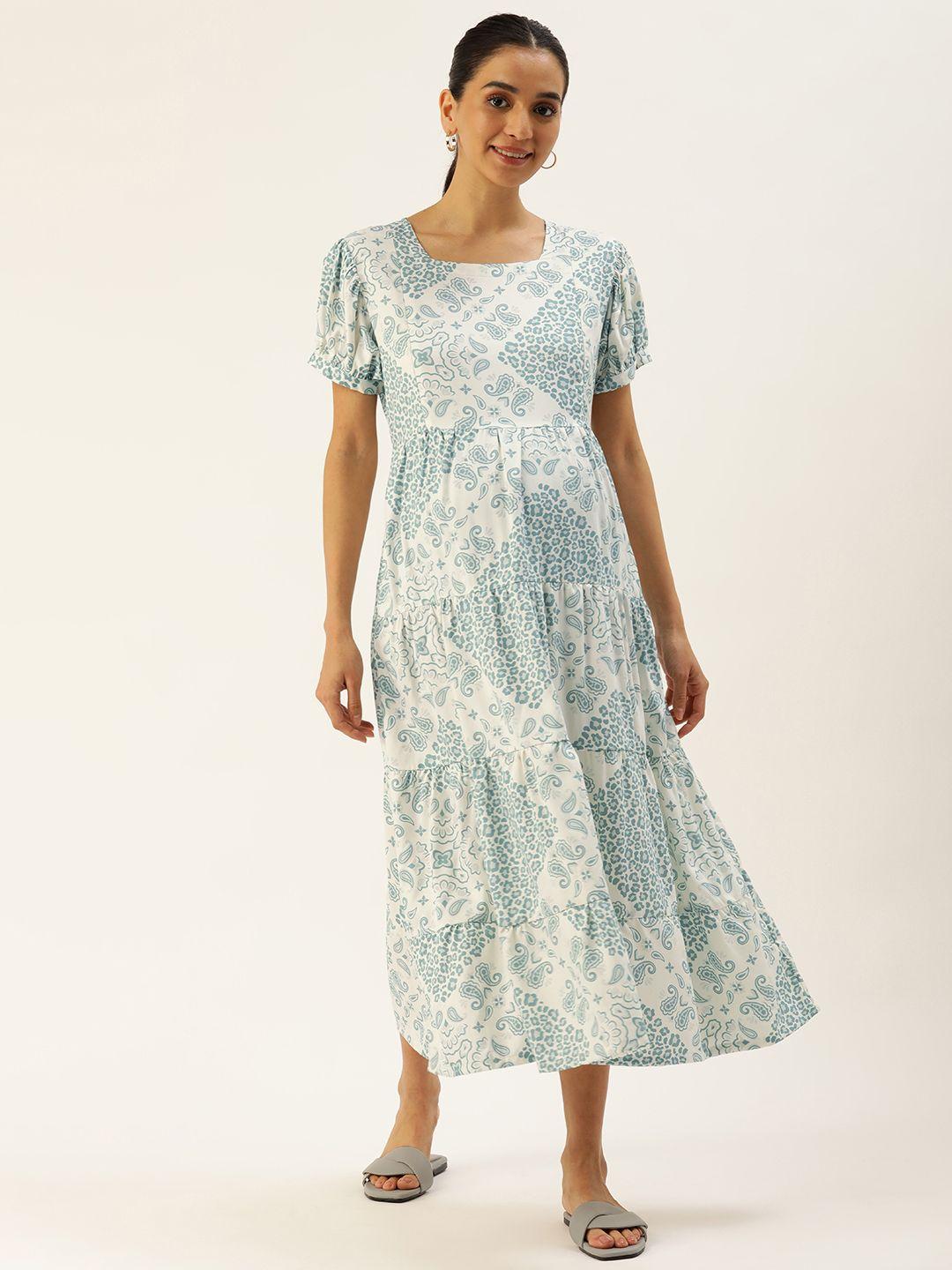 nejo ethnic motifs print puff sleeves pure cotton maternity a-line midi dress