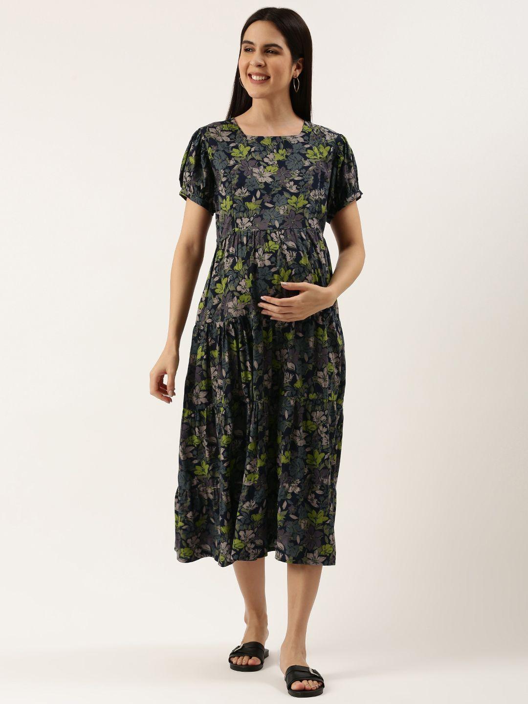 nejo floral printed puff sleeve maternity a-line midi dress