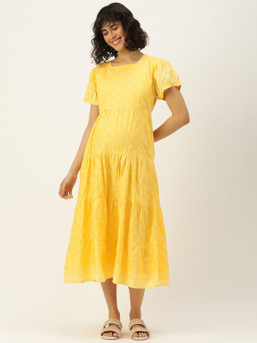 nejo geometric print puff sleeves pure cotton maternity a-line midi dress