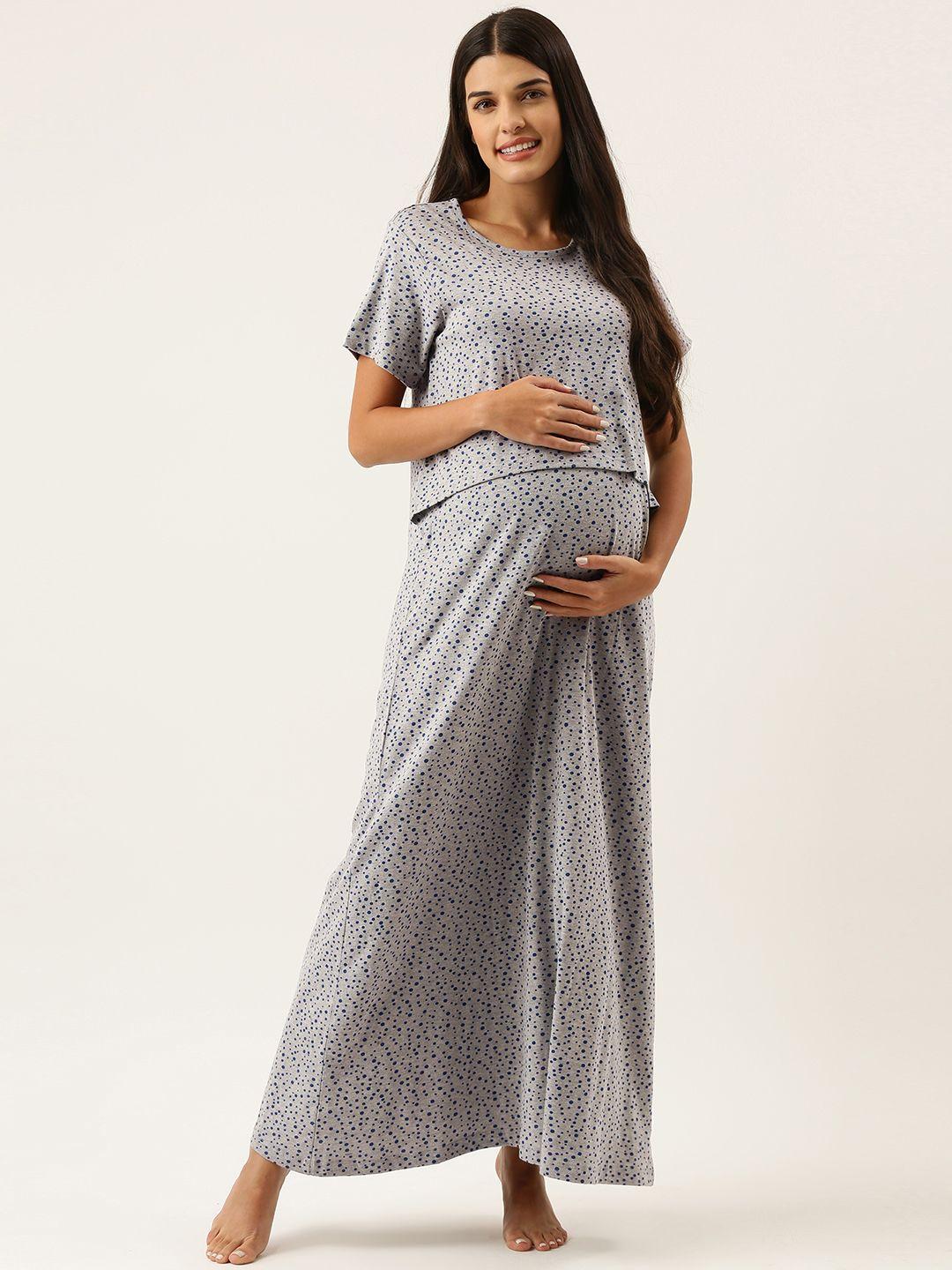 nejo grey melange geometric printed maxi pure cotton maternity nightdress