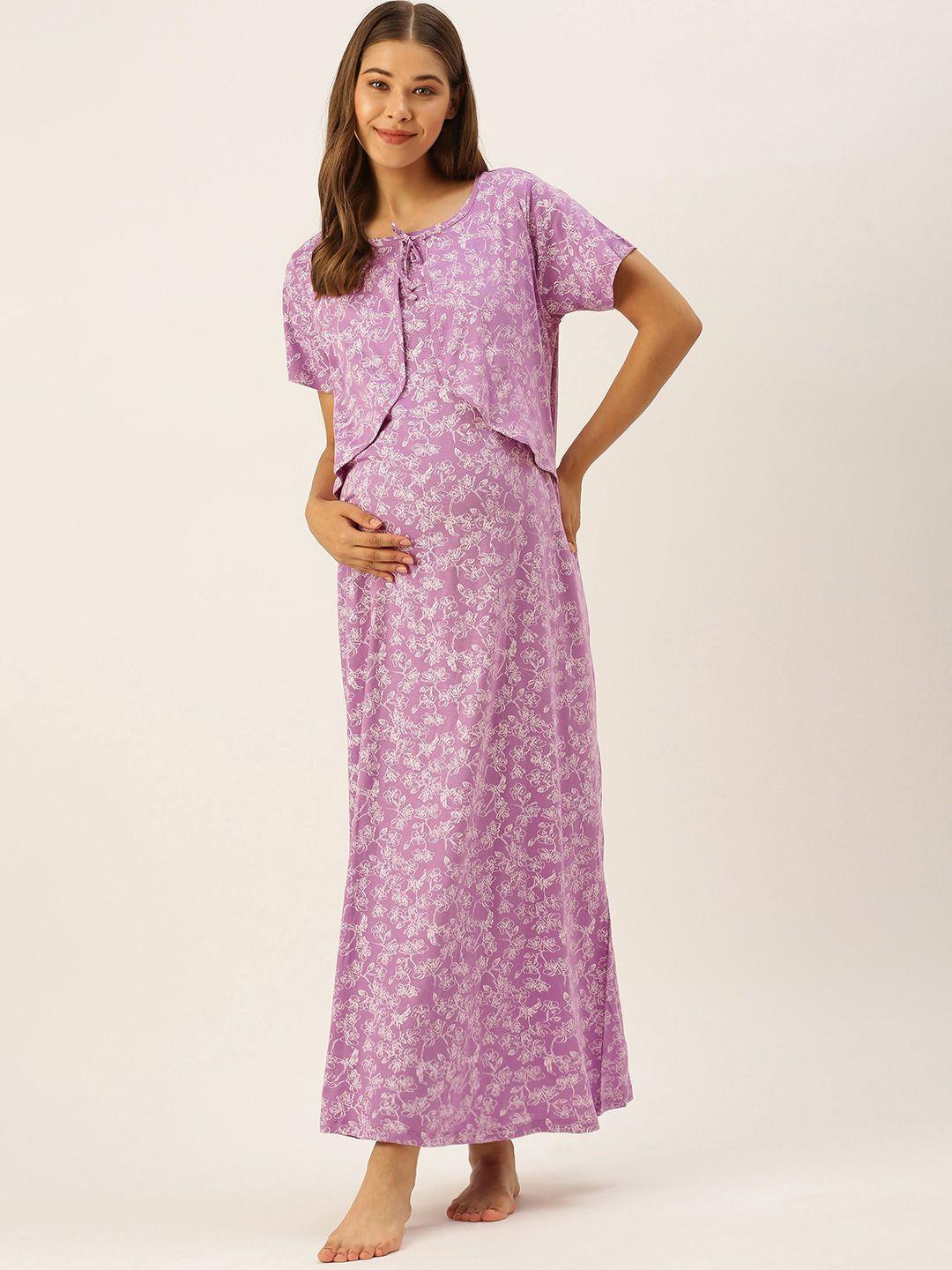 nejo lavender & white floral printed bow detail layered cotton maxi maternity nightdress