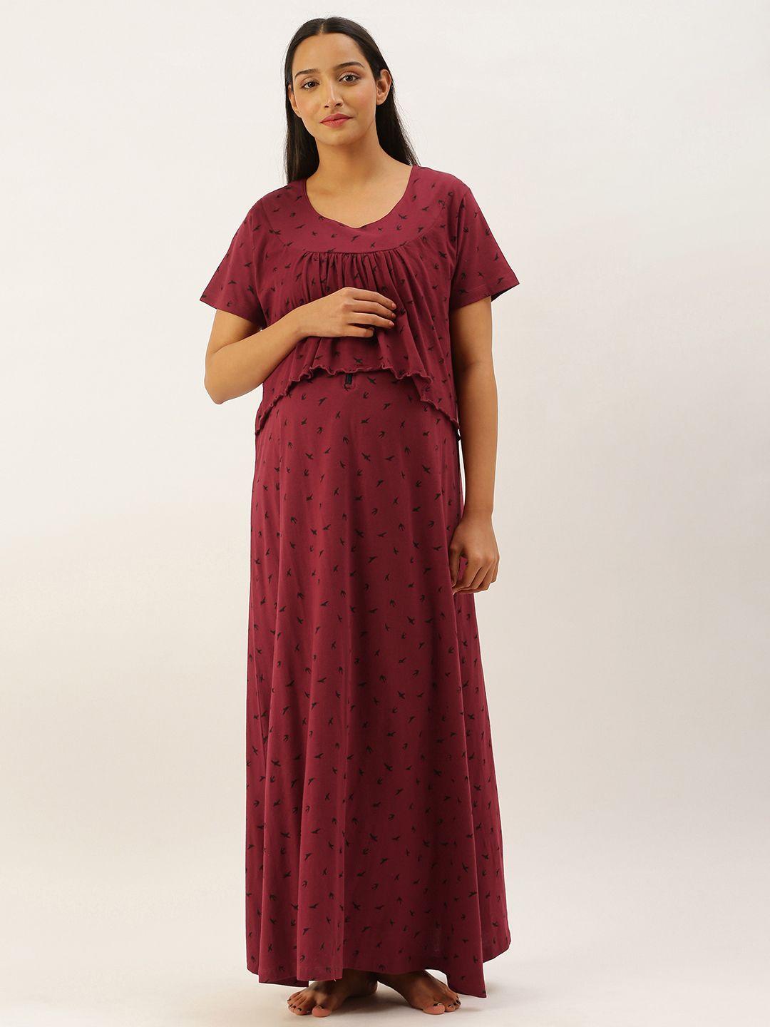 nejo maroon & red conversational print layared pure cotton maternity maxi nightdress