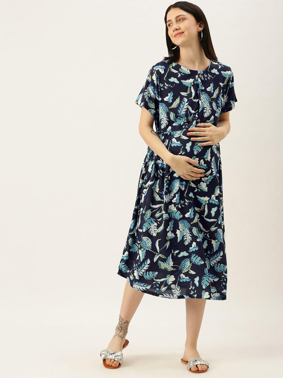 nejo navy blue floral maternity a-line midi dress