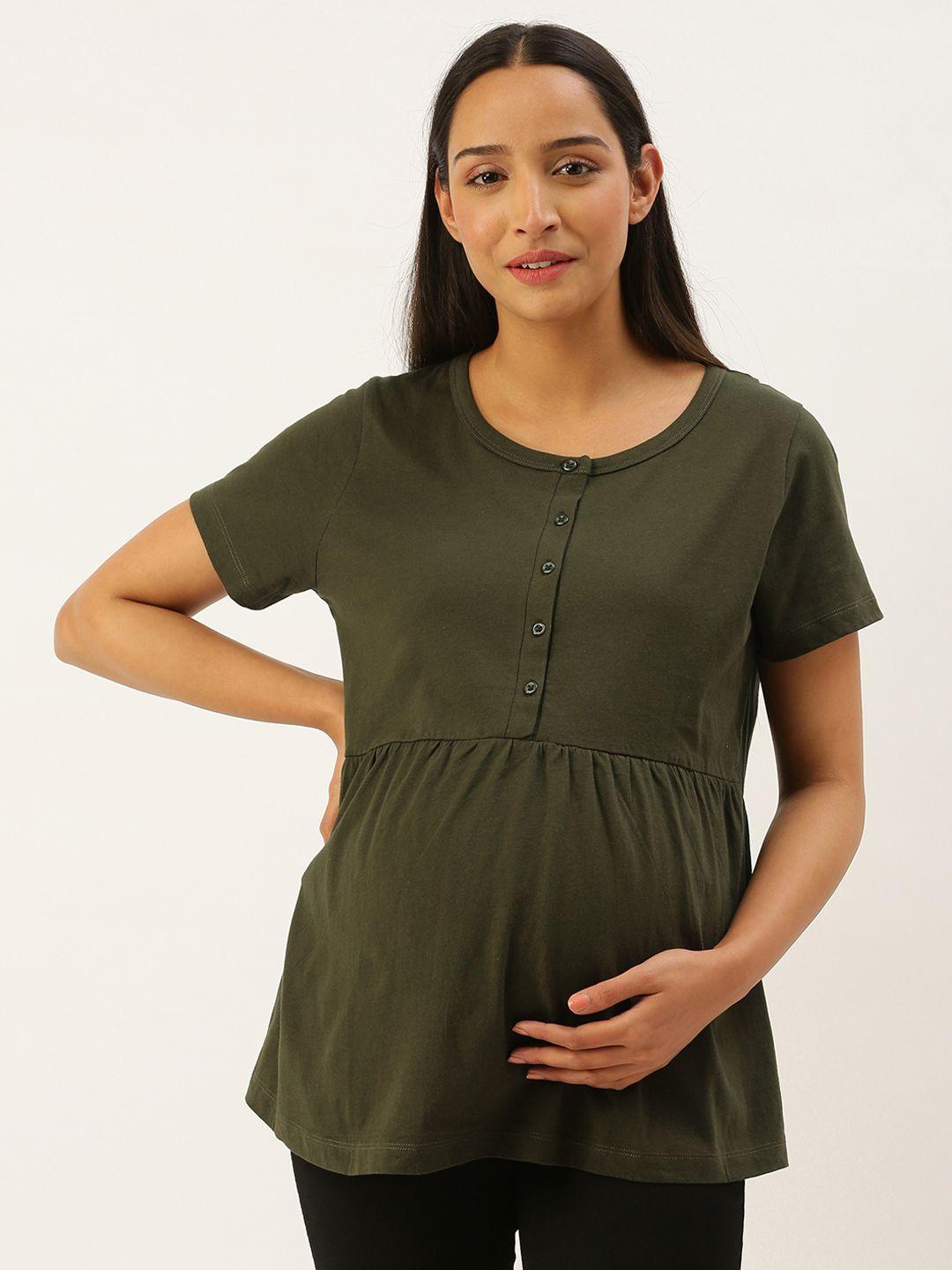 nejo olive green solid pleated pure cotton maternity a-line top