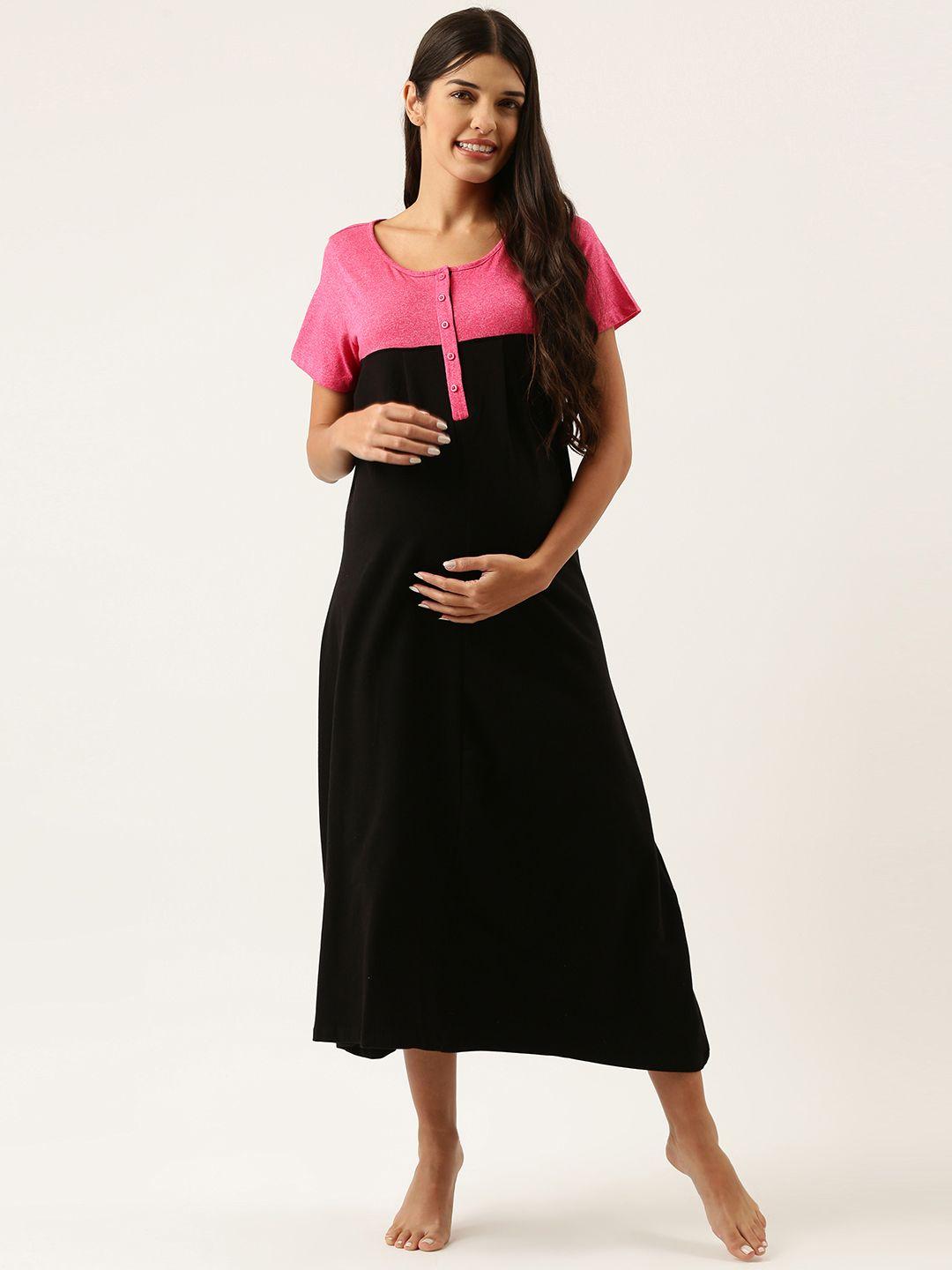 nejo pink & black colorblocked midii maternity nightdress