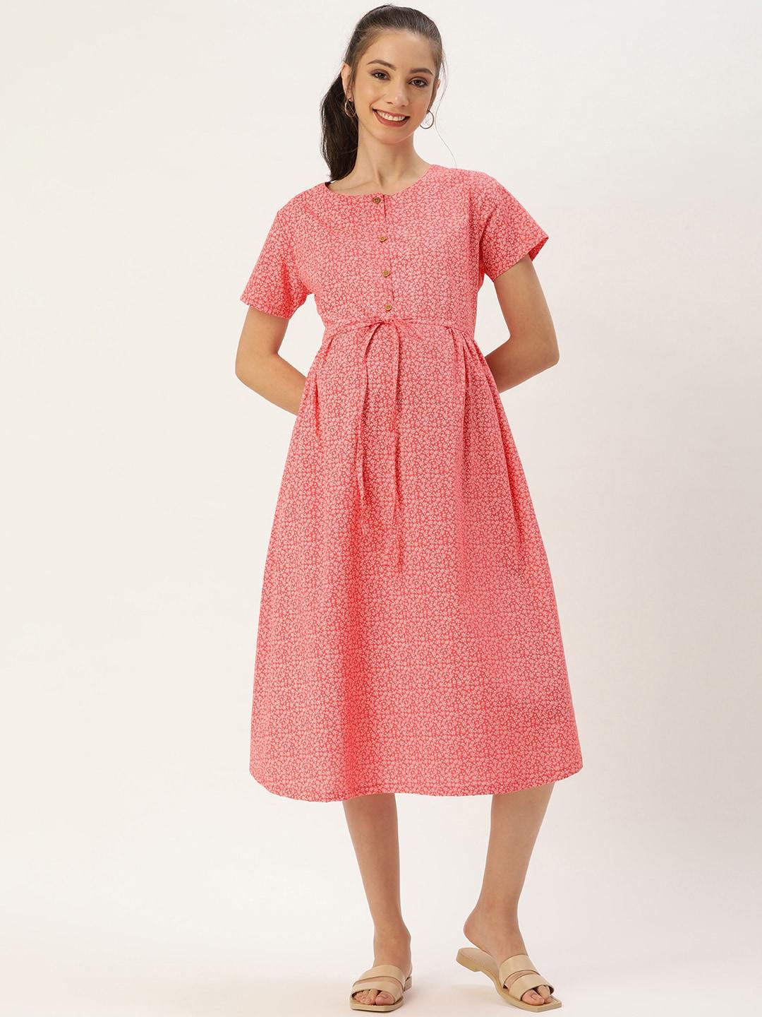nejo red floral maternity a-line cotton midi dress