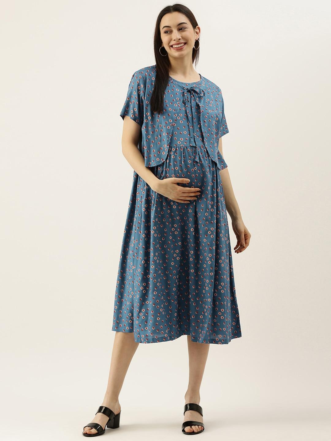 nejo teal blue & red layered feeding/nursing maternity midi dress