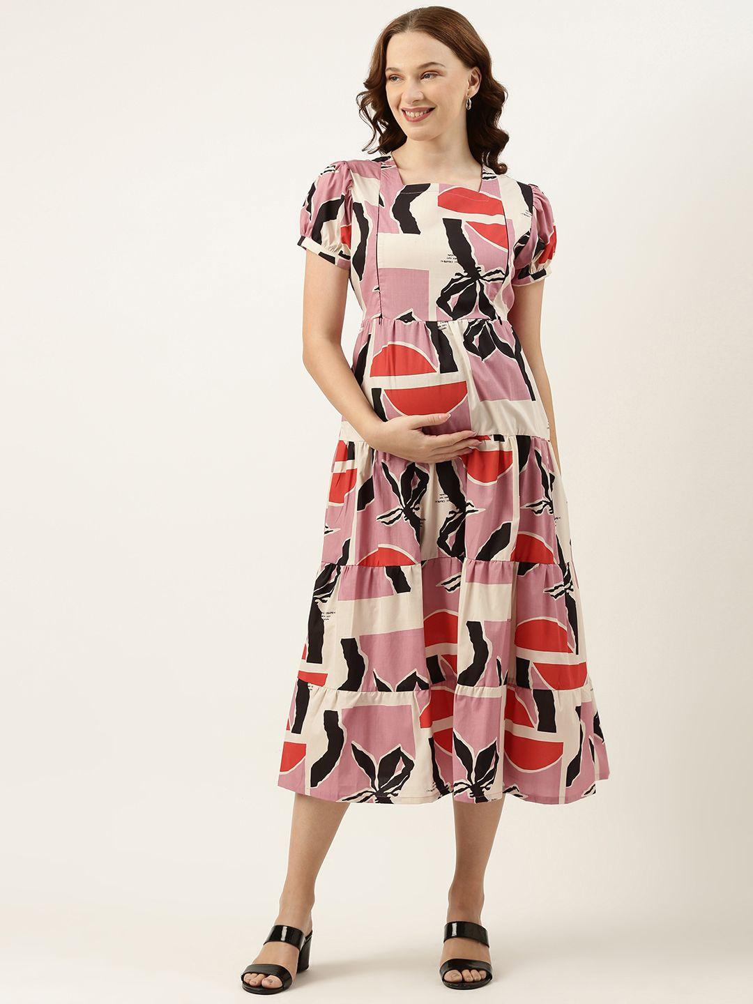 nejo white & red print puff sleeve maternity a-line dress