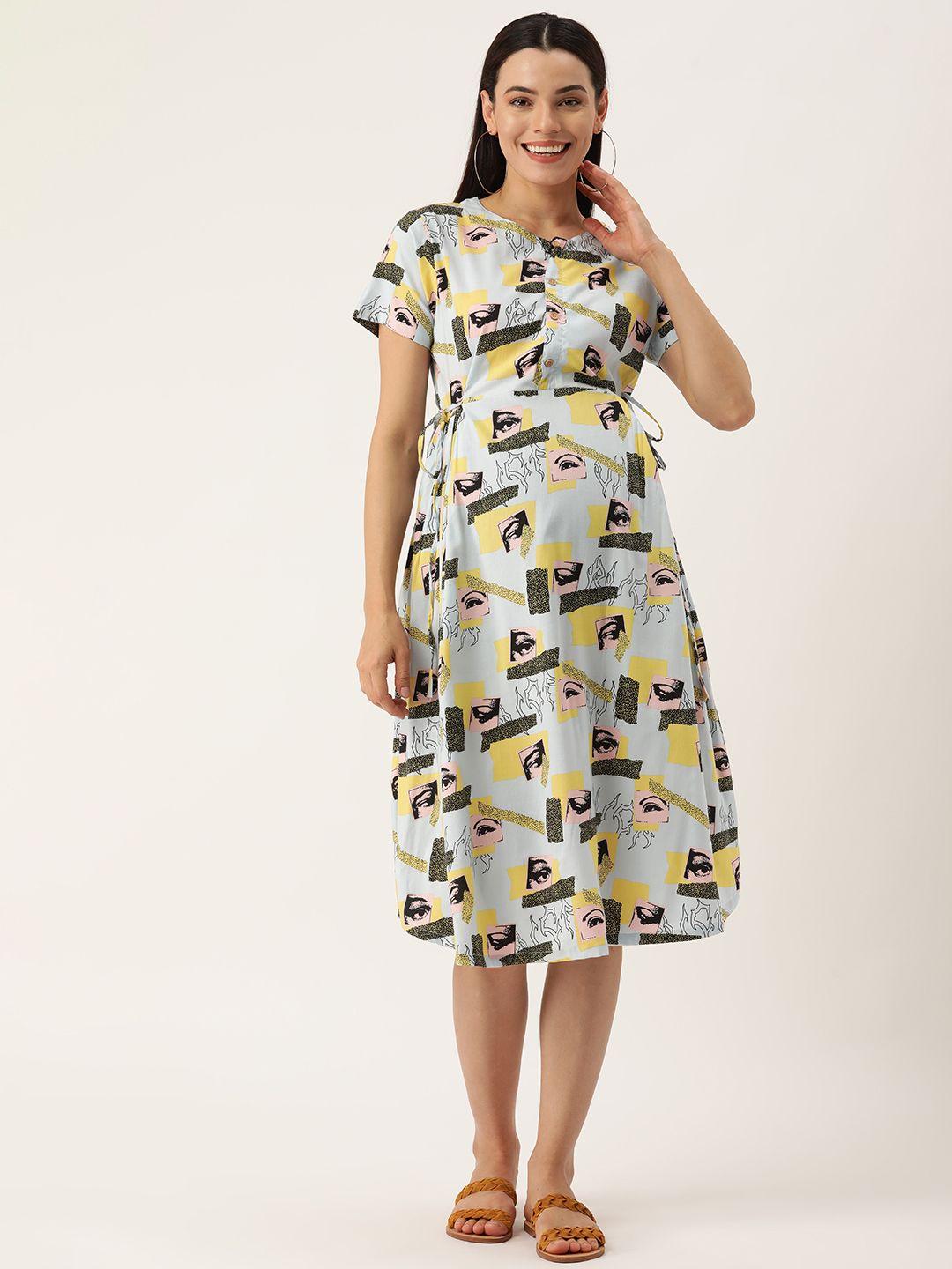 nejo women blue & yellow conversational printed maternity a-line midi dress