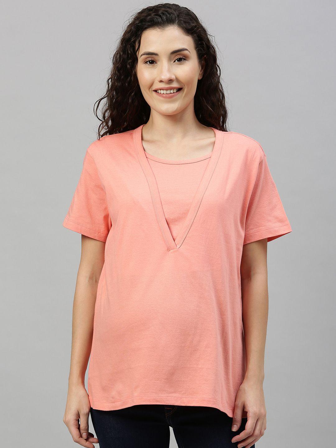 nejo women coral pink solid maternity & nursing knitted layered pure cotton top