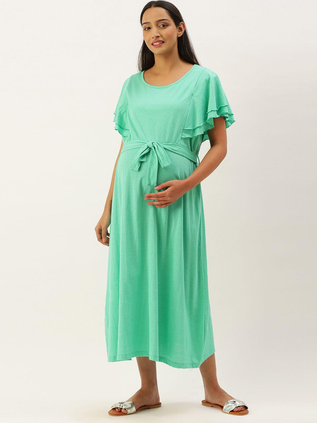 nejo women green solid maternity midi a-line dress with belt