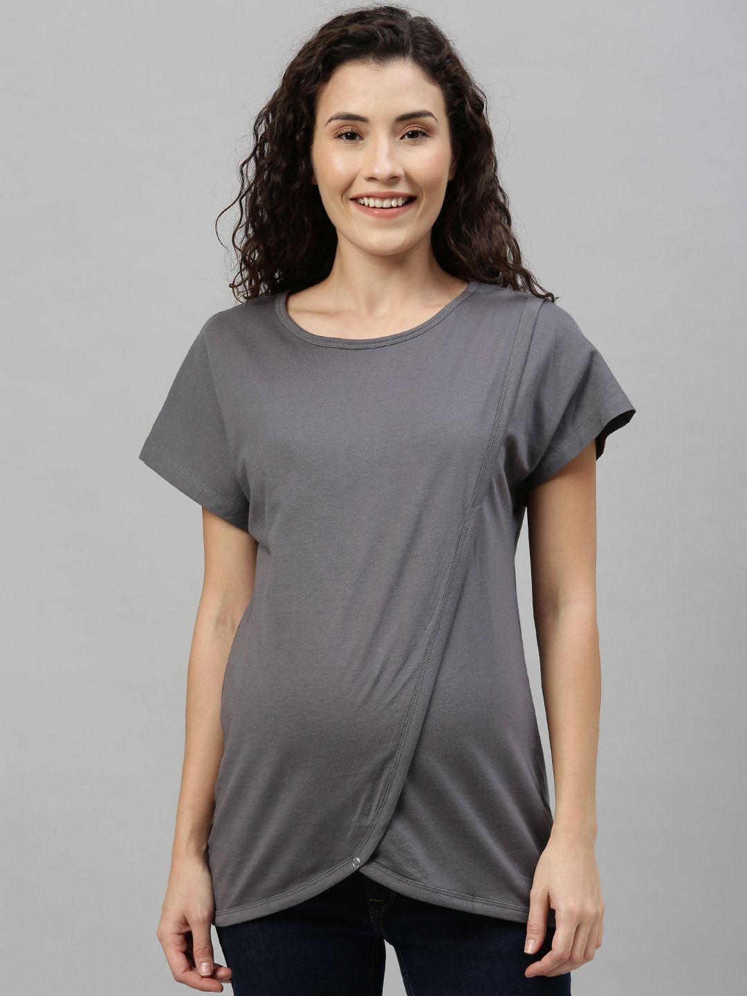 nejo women grey solid maternity & nursing knitted layered pure cotton top