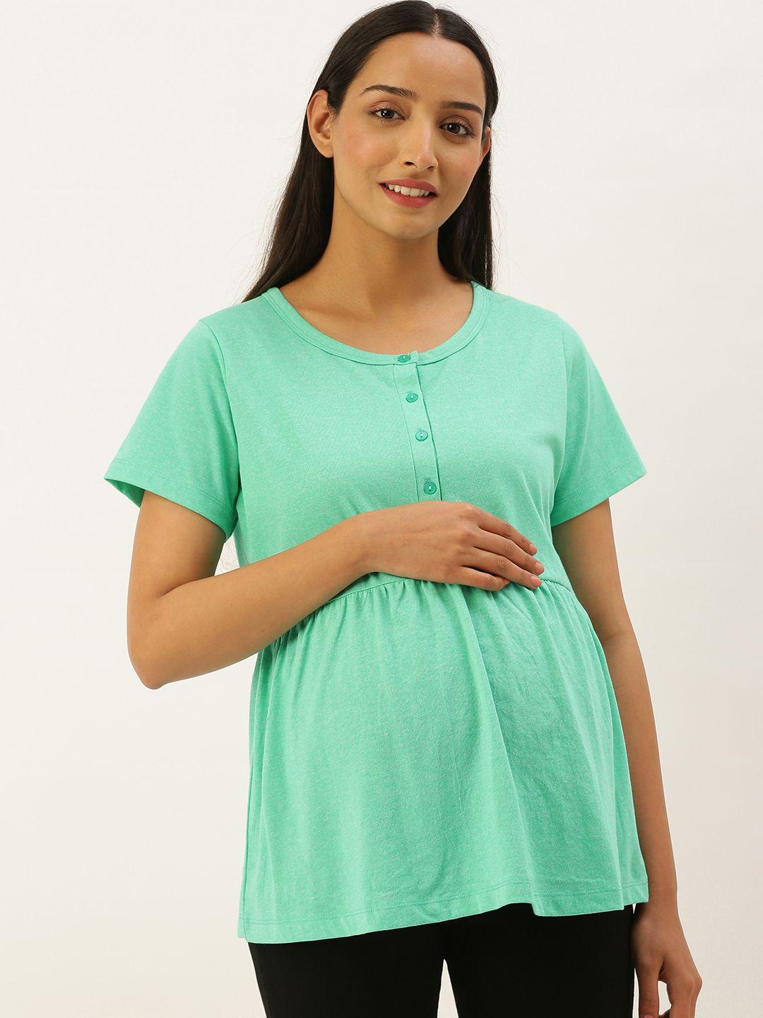 nejo women mint green solid pleated maternity a-line top