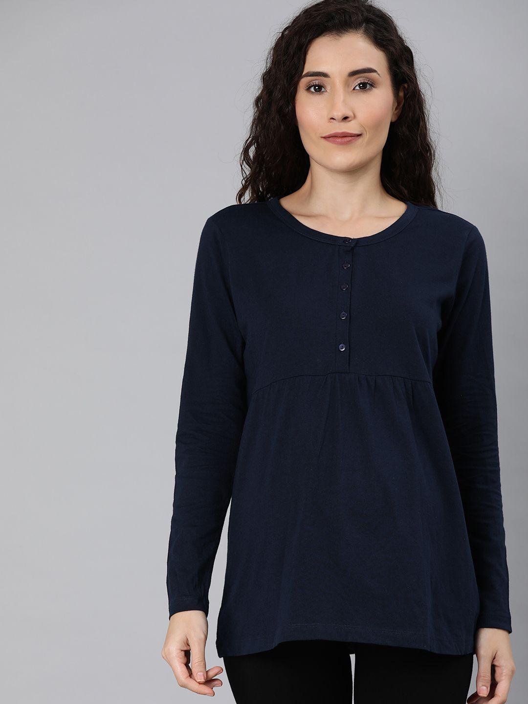 nejo women navy blue solid a-line maternity & nursing knitted pure cotton top