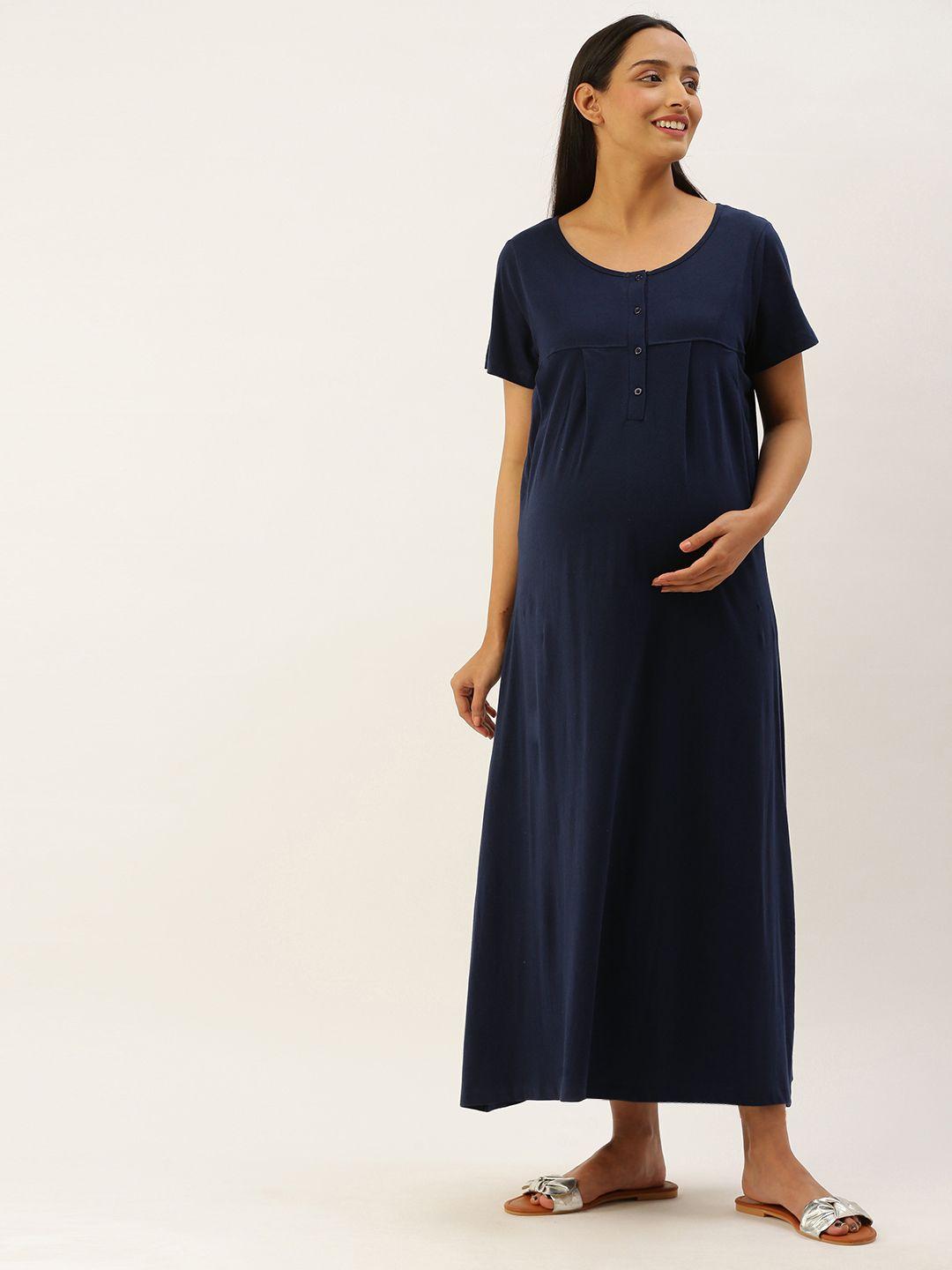 nejo women navy blue solid pure cotton maternity maxi a-line dress with pleated detail