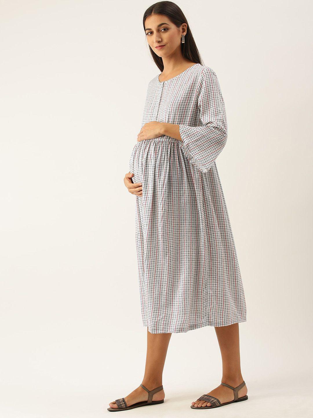 nejo women off white & red checked fit and flared woven maternity dress