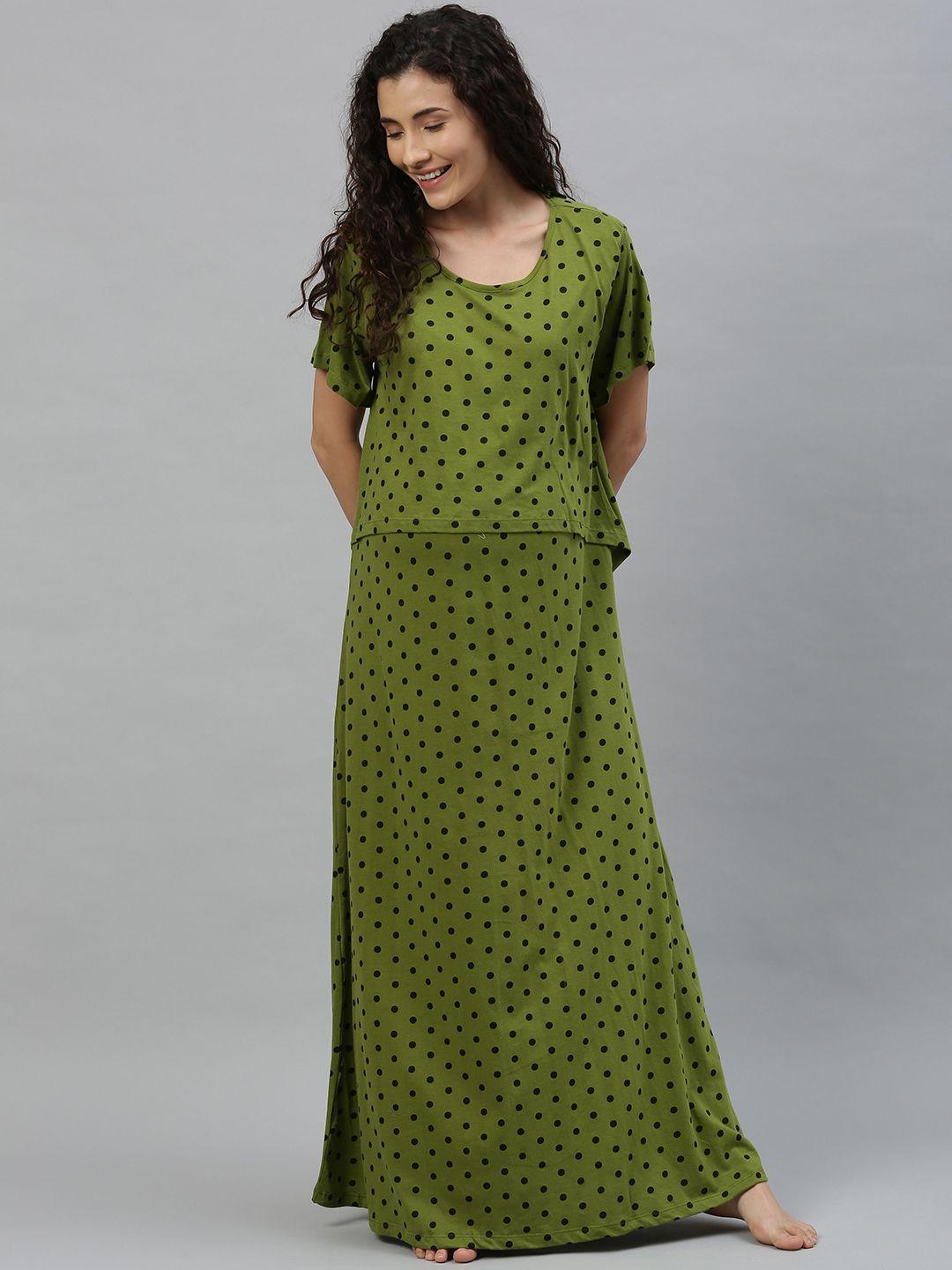 nejo women olive green & black polka printed feeding nightdress