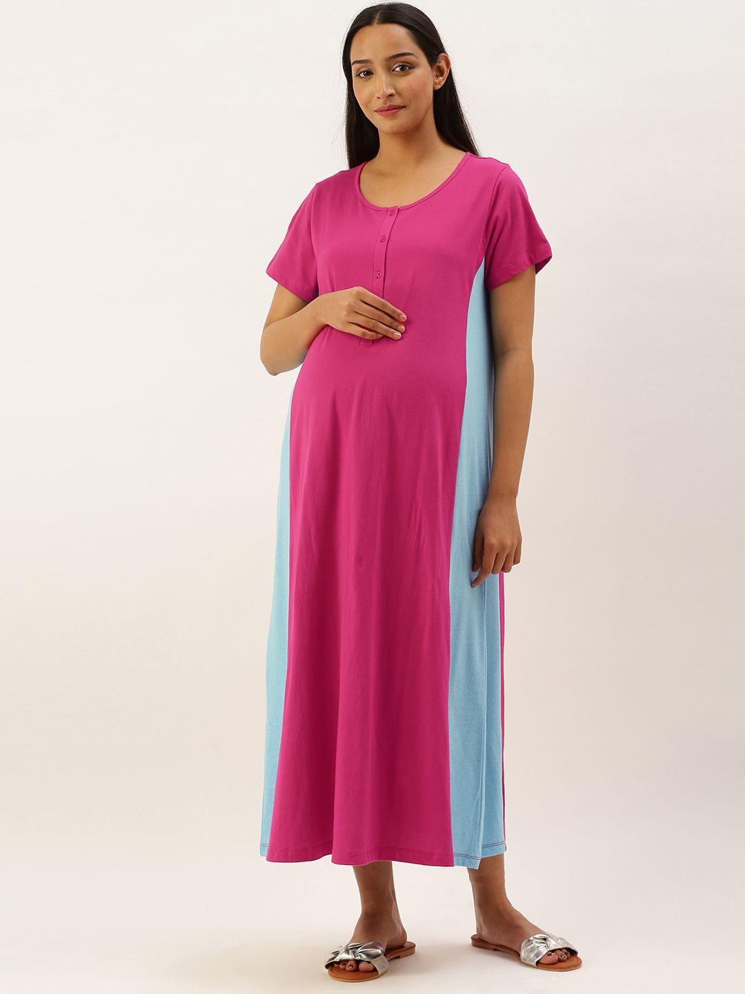 nejo women pink colourblocked pure cotton maxi a-line maternity dress