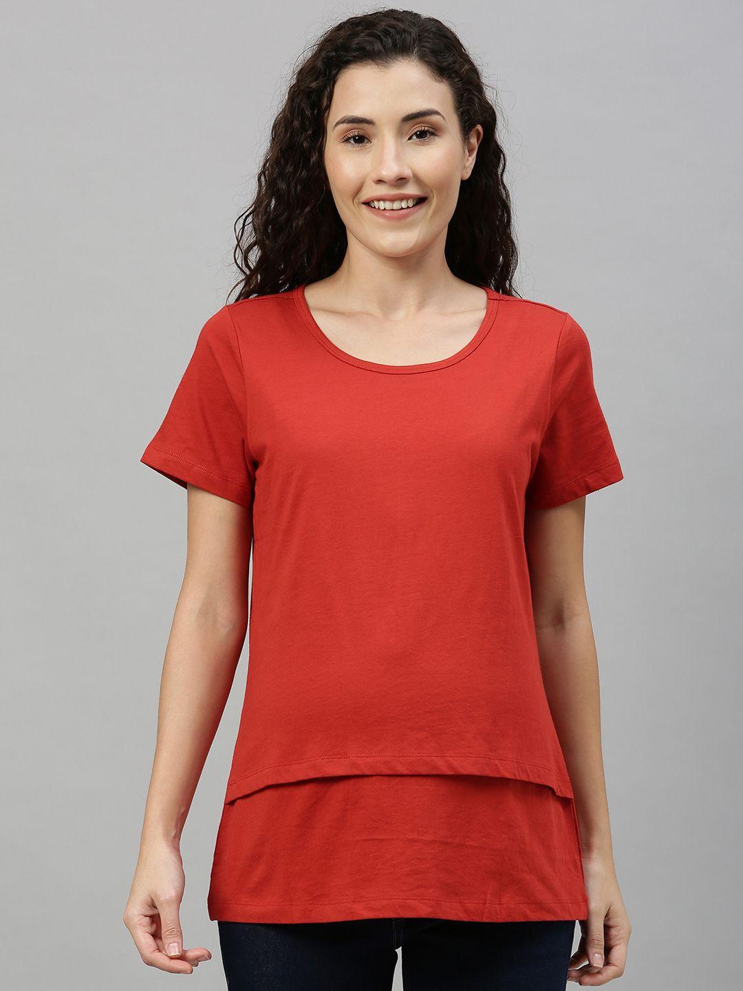 nejo women red solid maternity & nursing knitted layered pure cotton top