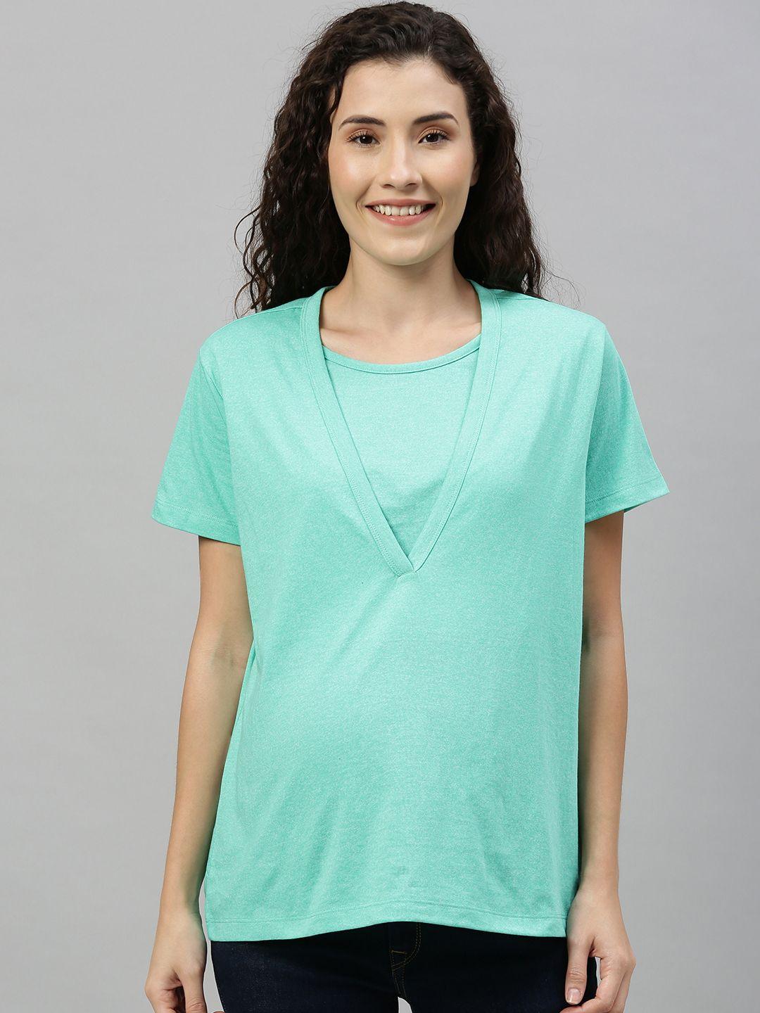 nejo women sea green solid maternity & nursing knitted layered pure cotton top
