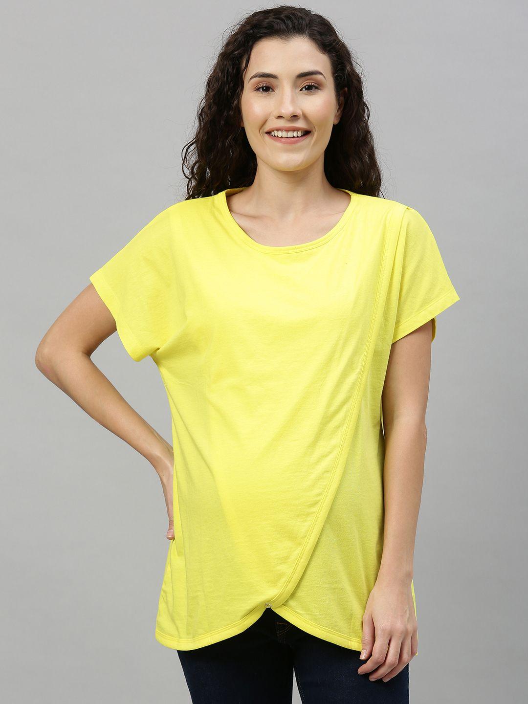 nejo women yellow solid maternity & nursing knitted layered pure cotton top