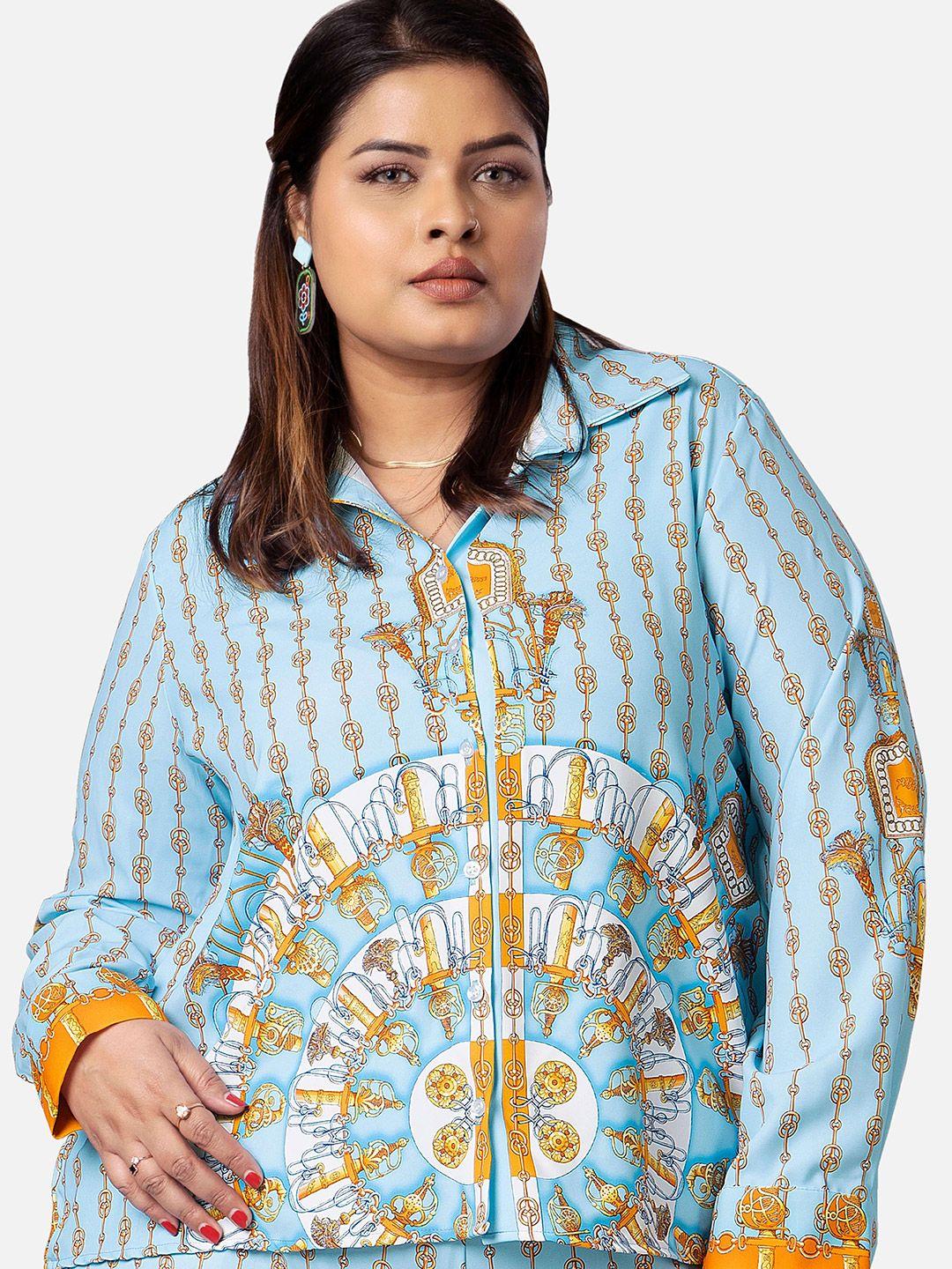 neofaa plus size ethnic printed spread collar shirt