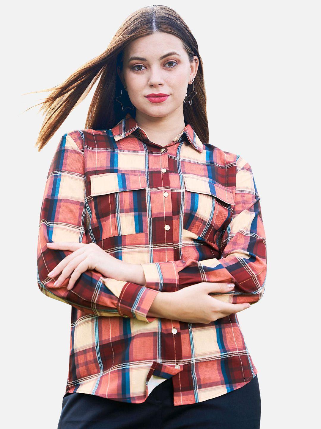 neofaa women maroon checked casual shirt