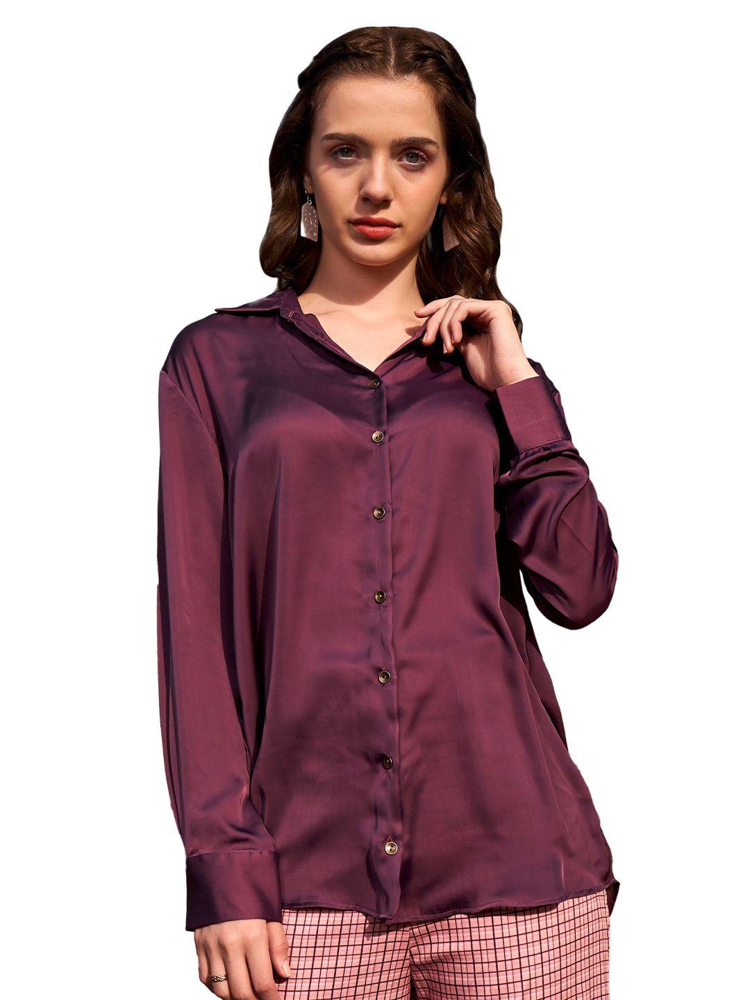 neofaa women maroon semi sheer casual shirt