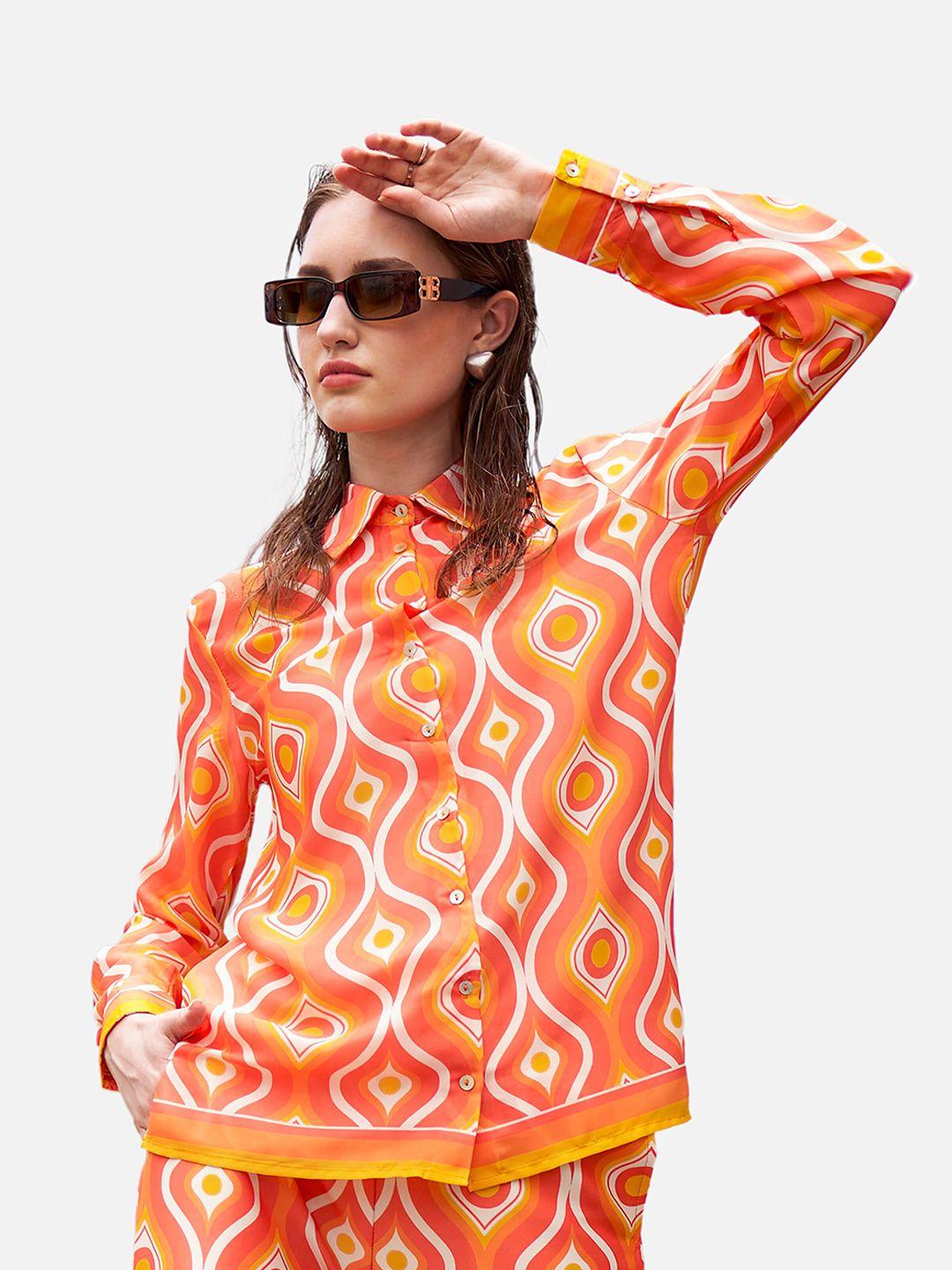 neofaa women orange printed casual shirt